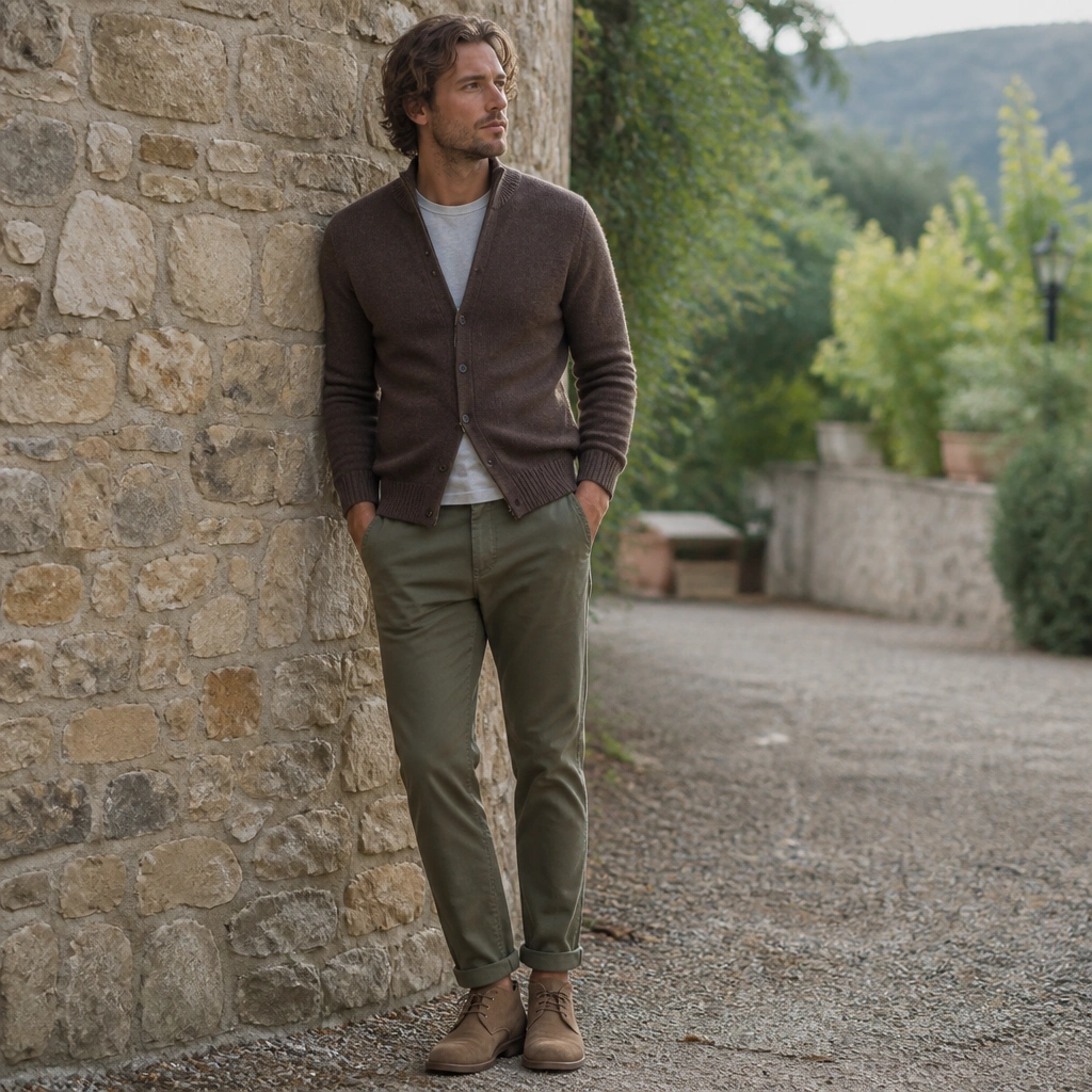 A mocha-brown cardigan zipped or buttoned halfway over a light gray tee, with olive chinos and tan suede chukka boots. The look is photographed outdoors in soft daylight.