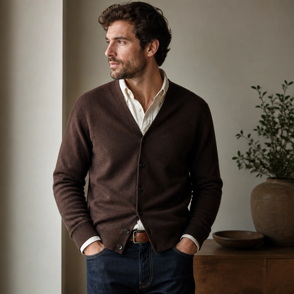 A chocolate-brown cardigan worn over a cream button-down Oxford shirt, the collar peeking out. Dark wash jeans and a brown leather belt are visible.