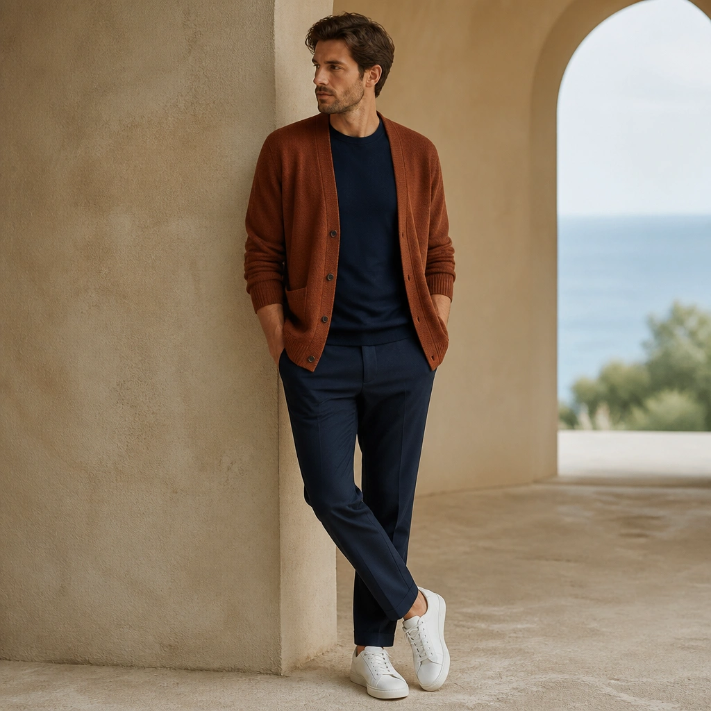 A rust-brown cardigan over a navy crew-neck sweater or tee, paired with tailored navy trousers and clean white sneakers. The cardigan sleeves are slightly relaxed.