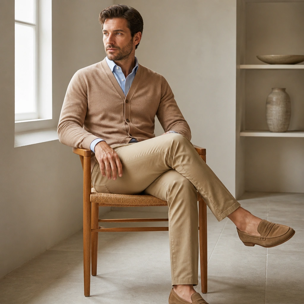 A light brown cardigan (lighter than camel) layered over a light blue button-down shirt, with khaki chinos and tan loafers. The cardigan buttons are closed neatly.