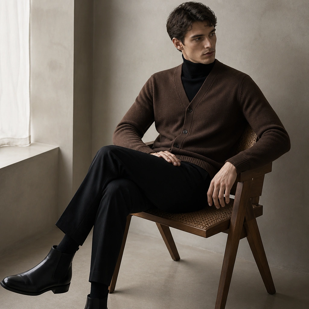 A cocoa-brown cardigan layered over a fitted black turtleneck, styled with black Chelsea boots. The cardigan is buttoned and shows ribbing at cuffs and hem.