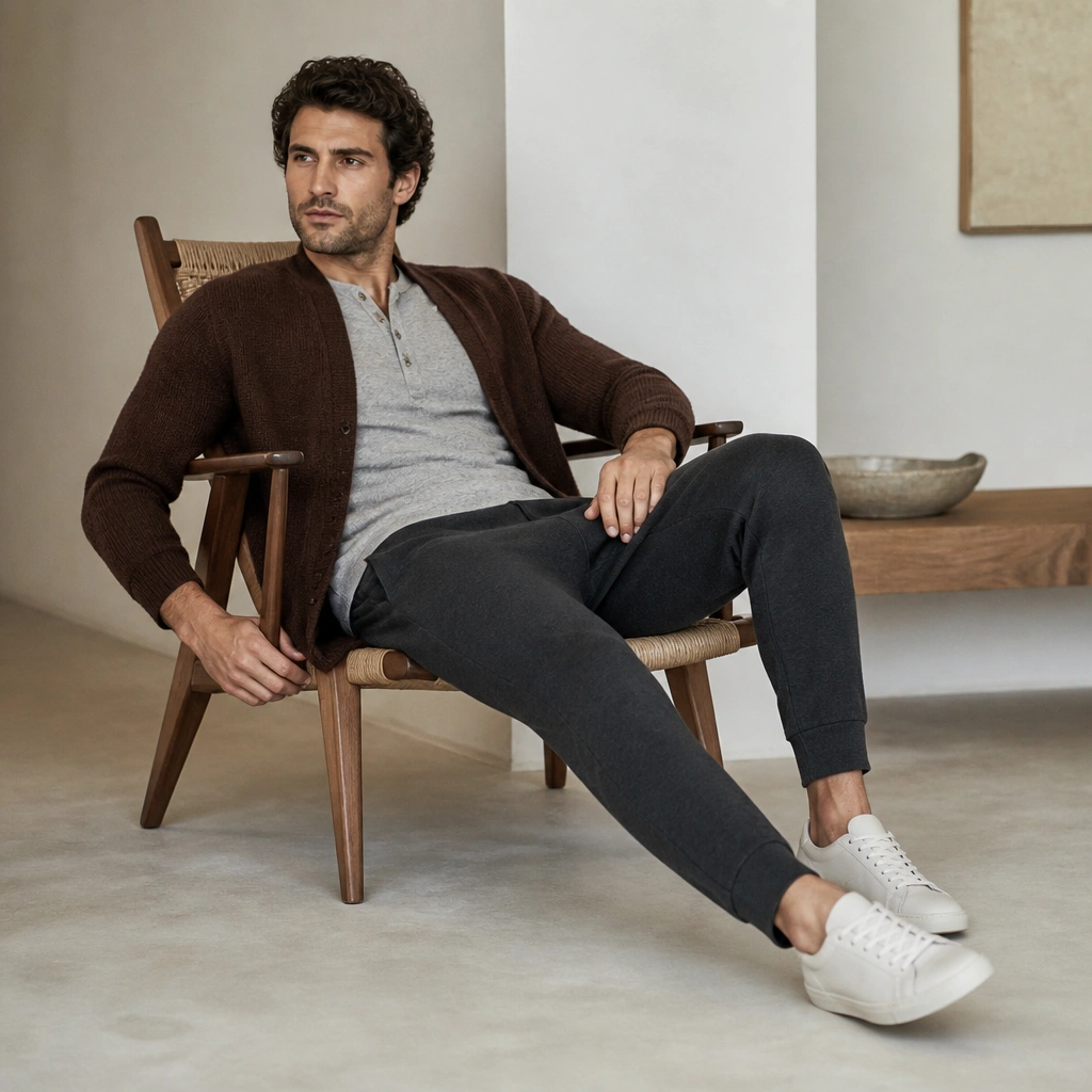 An espresso-brown cardigan worn open over a gray henley with a few buttons visible. Charcoal joggers and minimalist sneakers complete the sporty-casual look.