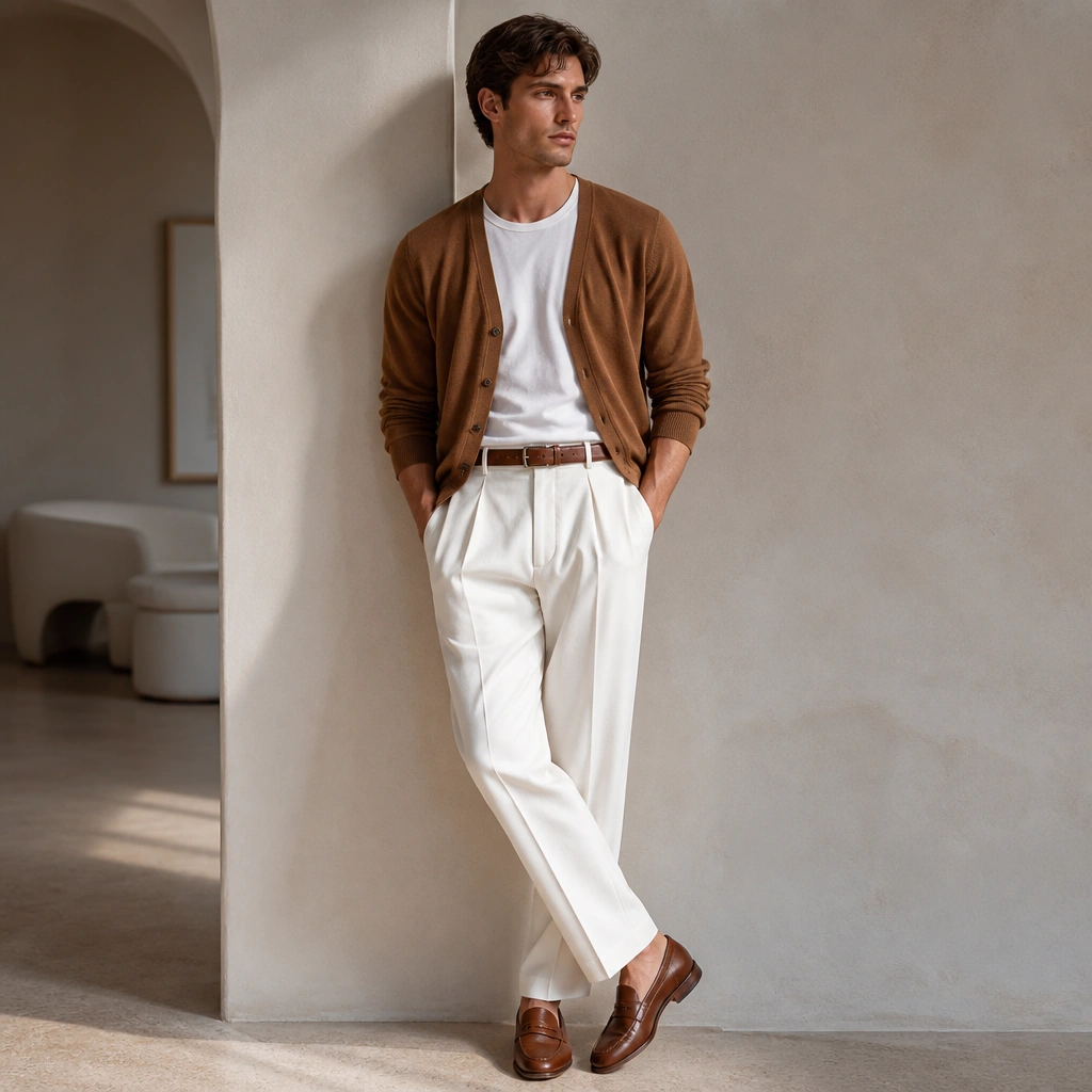 A caramel-brown cardigan over a white crew-neck tee, paired with white pleated trousers. A brown leather belt and loafers are visible.