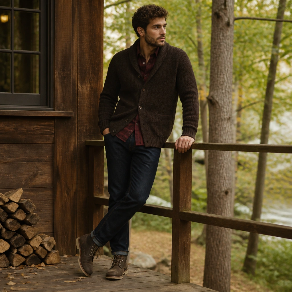 A deep-brown cardigan worn over a burgundy flannel shirt, with the flannel collar and hem peeking out. Dark jeans and rugged boots finish the scene.