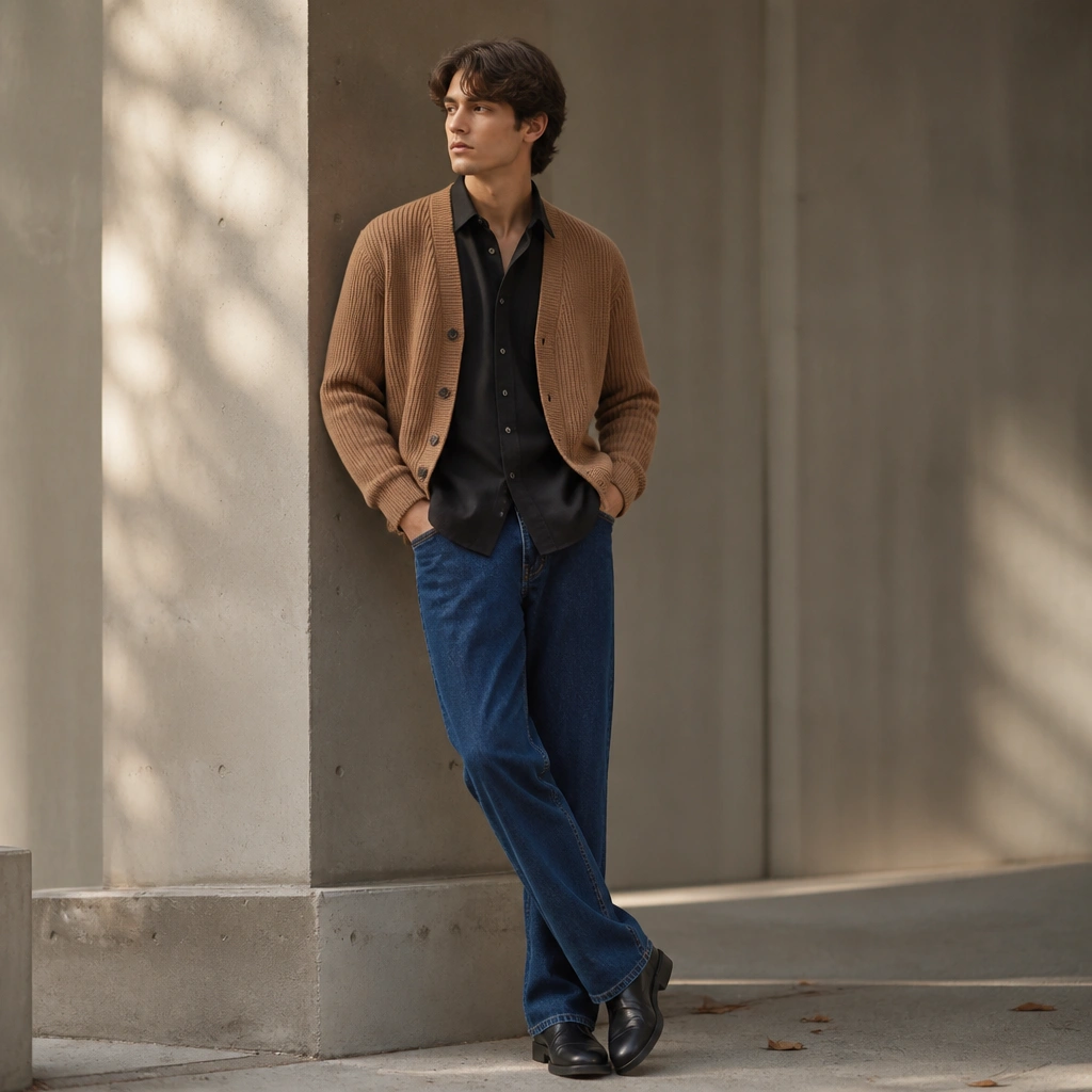 A tan-brown cardigan layered over a black overshirt, paired with straight blue denim. The cardigan is slightly open and the overshirt collar is visible.