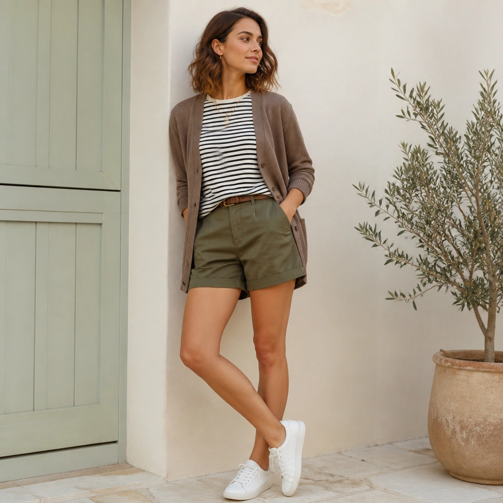 A mocha-brown cardigan worn open over a black-and-white striped tee, paired with olive shorts. The outfit shows white sneakers and an airy, warm-weather vibe.