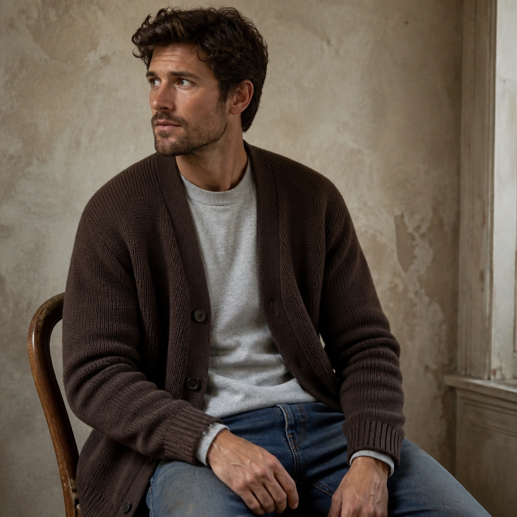 A chocolate-brown cardigan layered over a light gray crewneck, styled with blue denim jeans and a casual, slightly rugged look. The cardigan cuffs and knit texture are clearly visible.