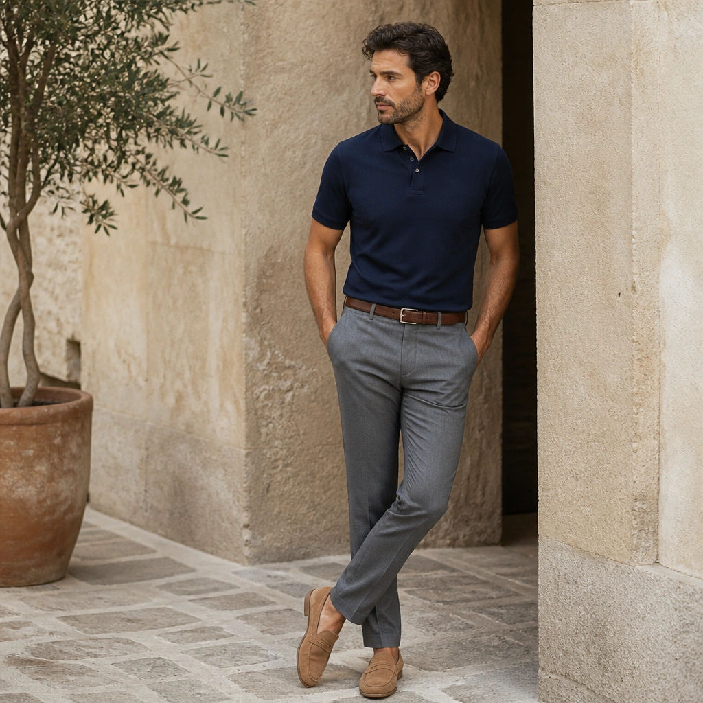 A navy short-sleeve polo with subtle texture, tucked into flat-front tapered trousers in medium gray; tan loafers; a simple belt; the shirt collar sits neatly without gaping.
