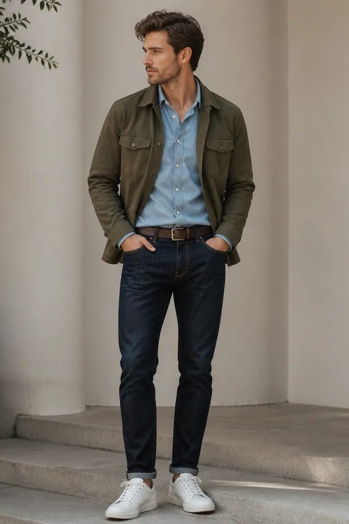 A layered outfit: olive utility overshirt over a light blue chambray button-up, paired with dark indigo slim jeans; white sneakers kept clean; belt in dark brown.