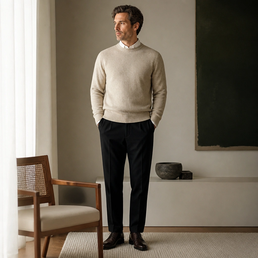 A man wearing an oatmeal crewneck sweater over a white button-down, with the collar peeking out at the neckline; black trousers; dark leather oxford shoes; soft indoor lighting.