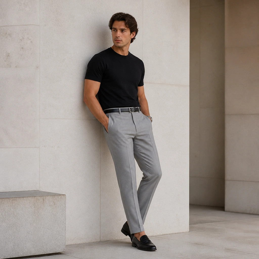 A minimalist outfit: light gray wool-blend slacks with a black fitted crew tee tucked in; slim black belt; black leather loafers; watch with a clean metal strap.