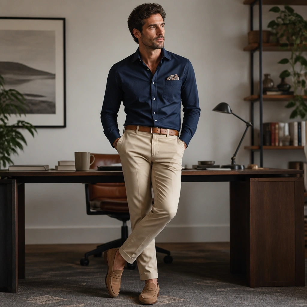 A navy long-sleeve button-down tucked into beige chinos; tan suede-style loafers; patterned pocket square; belt matches shoe tone; background shows a desk and coffee cup.