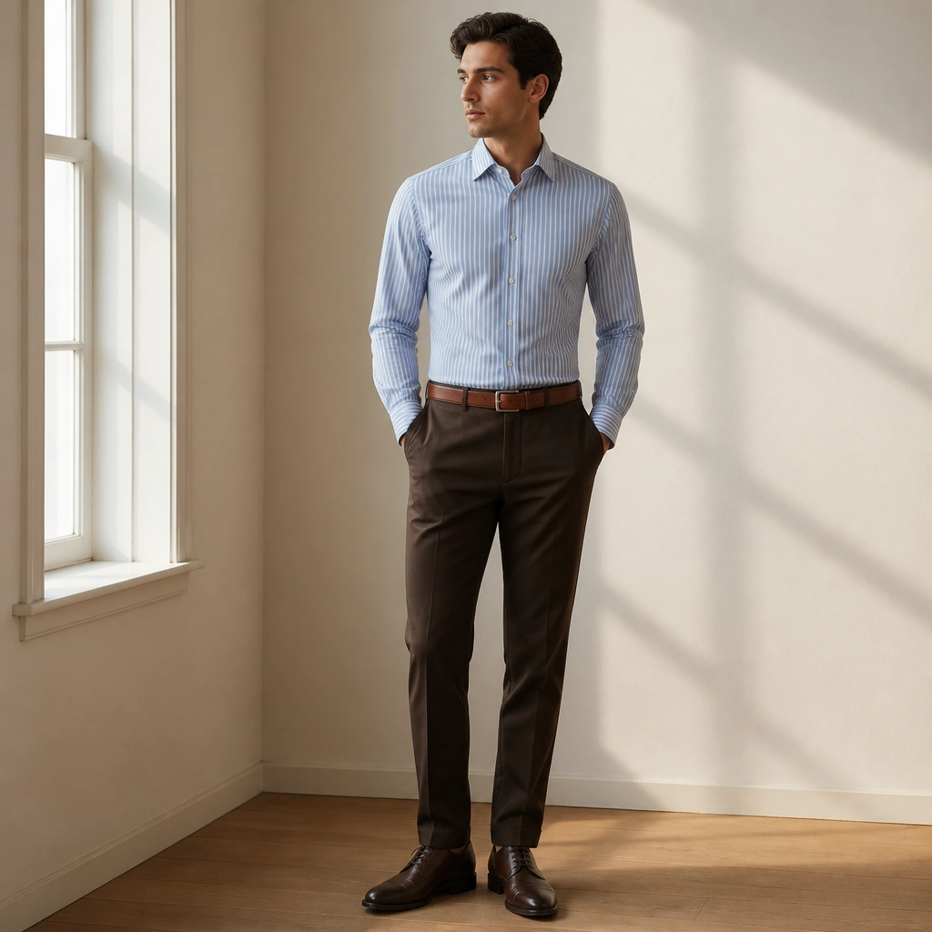 A blue-and-white striped Oxford shirt neatly buttoned, tucked into dark brown trousers; medium-brown belt; dark oxford shoes; tie not worn, collar is crisp.