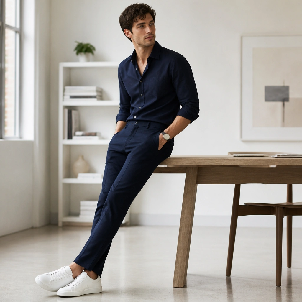 A tonally matched navy outfit: navy button-down or camp-collar shirt with navy chinos; white low-profile sneakers; minimalist watch; no tie; clean, bright workspace background.