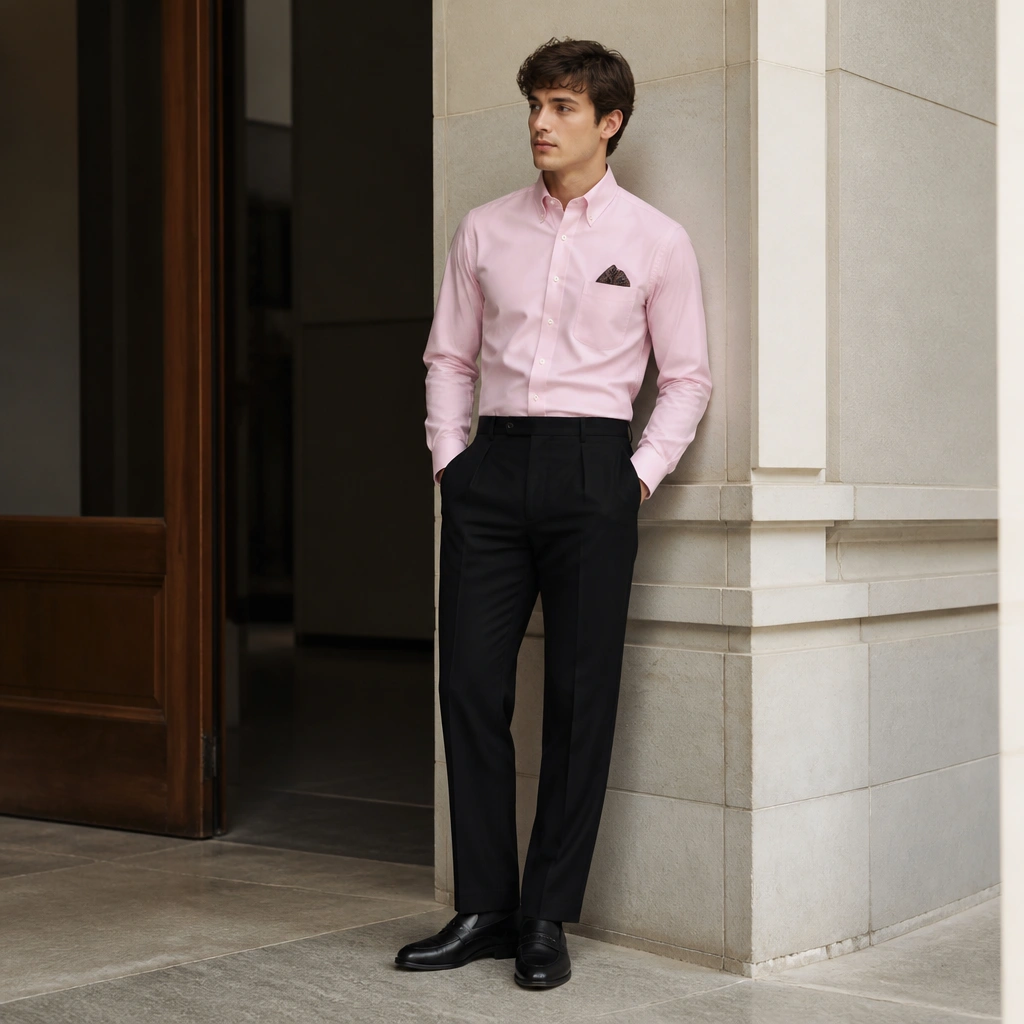 A modern outfit: black pleated trousers, light pink poplin shirt buttoned with sleeves down; black loafers; subtle pocket square; the shirt surface looks smooth and matte.