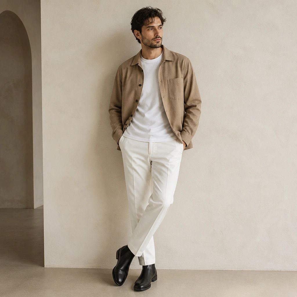 A tan overshirt worn open over a white crew tee; white tapered pants; black Chelsea boots; belt not visible; clean minimal accessories.