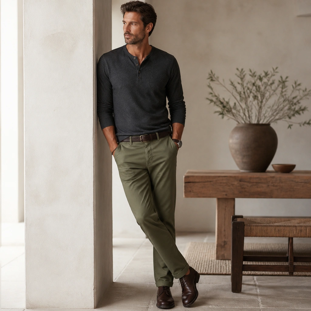 A charcoal henley with three buttons, worn with olive chinos; dark brown lace-up shoes; the henley is tucked; a simple leather watch and minimal bracelet.