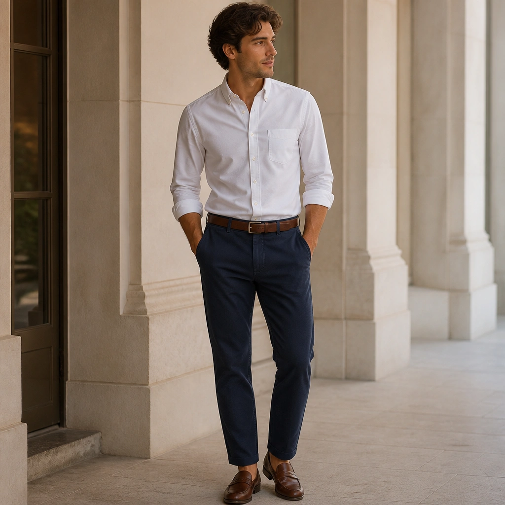 A white Oxford shirt with sleeves rolled to mid-forearm, tucked into navy chinos; brown loafers; belt matches shoes; collar looks structured.