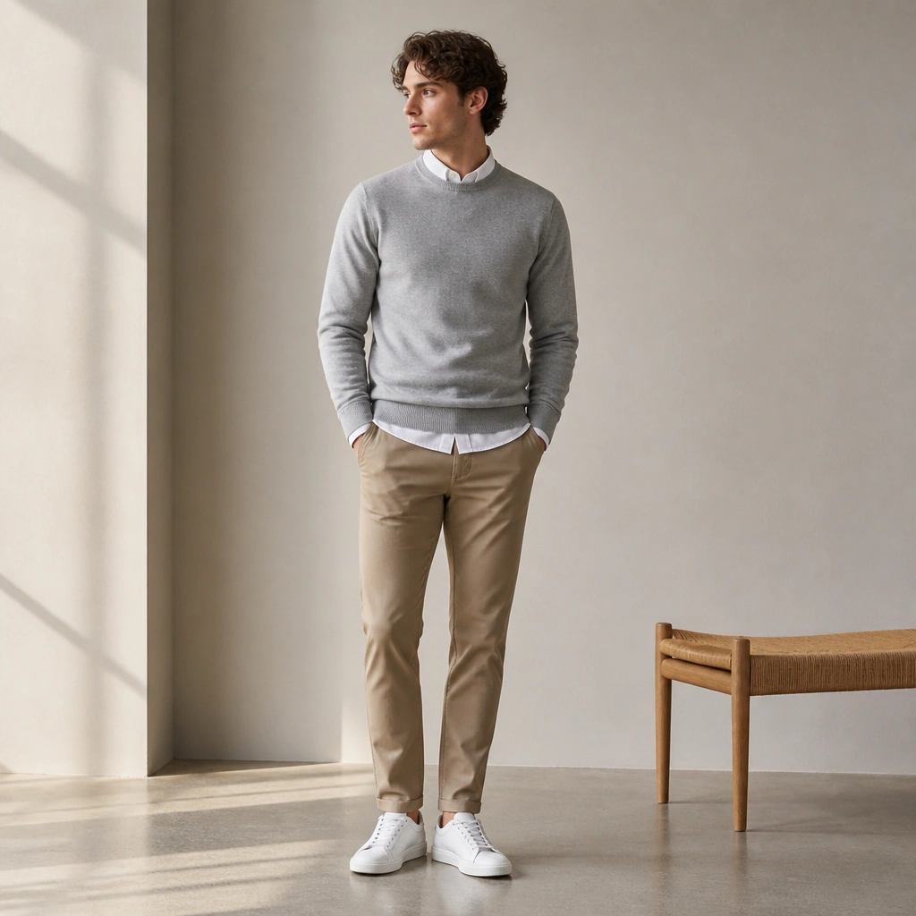 A light grey crewneck sweater layered over a white button-down, with the collar peeking out, styled with slim tan trousers and white sneakers in a minimalist setting.