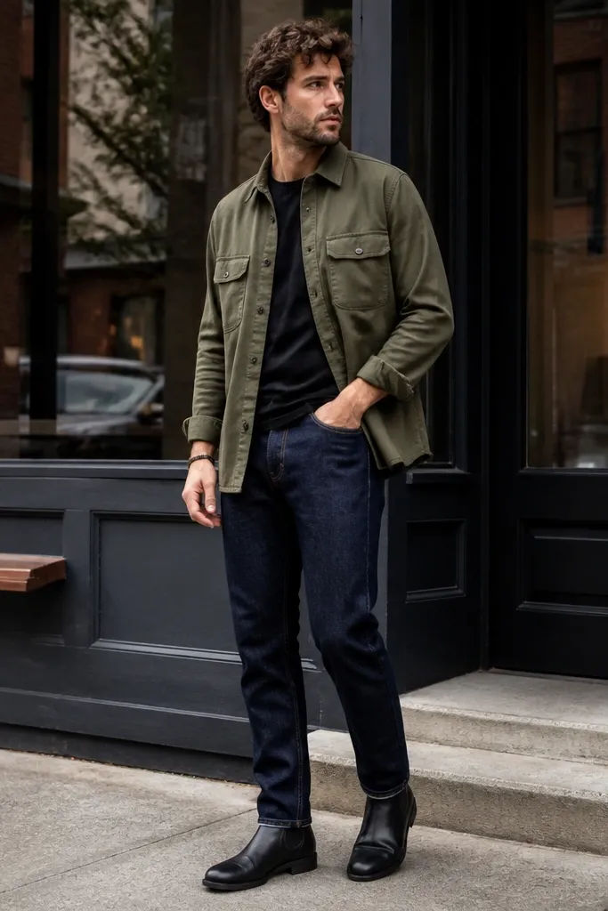 An olive utility-style overshirt worn open over a black crew tee, paired with dark indigo jeans and black Chelsea boots, posed outdoors near a storefront.
