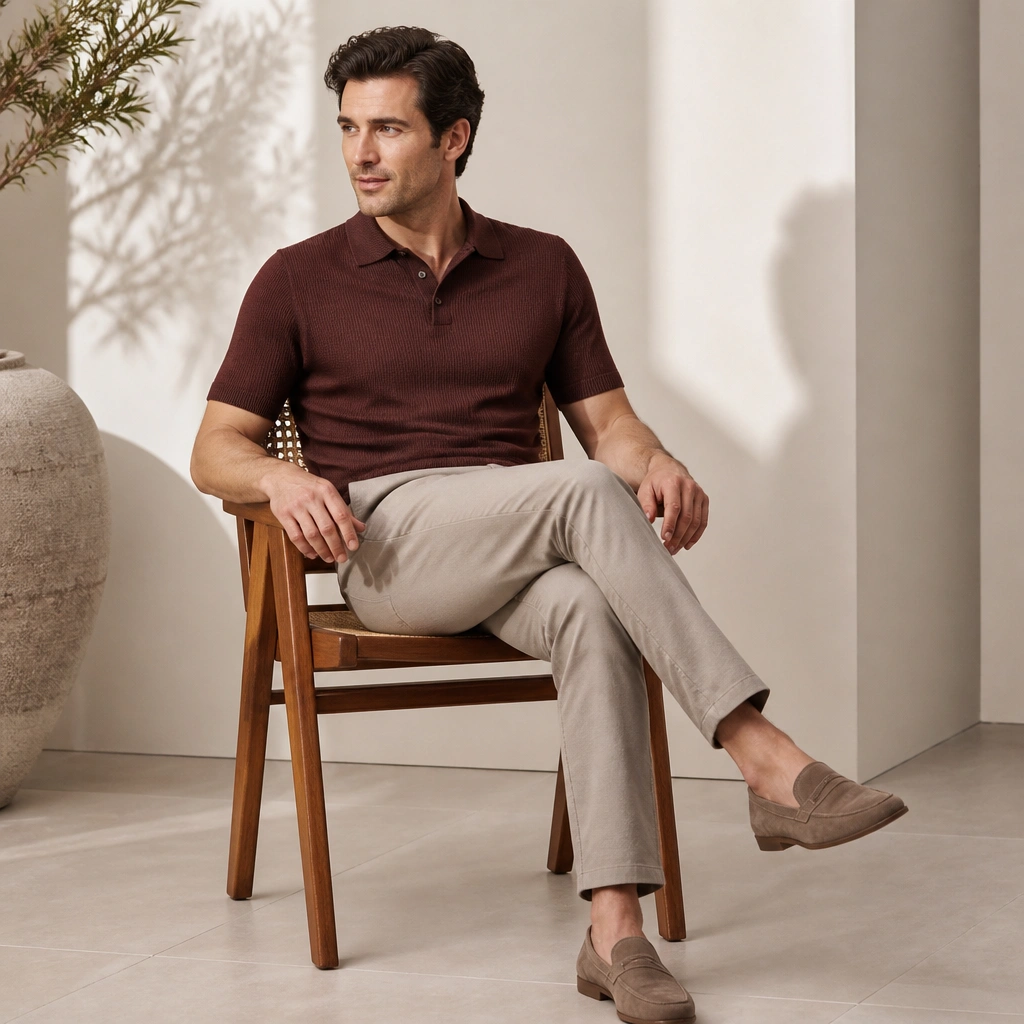 A burgundy knit polo shirt with a subtle texture, paired with stone chinos and suede loafers, photographed on a clean indoor floor with soft shadows.