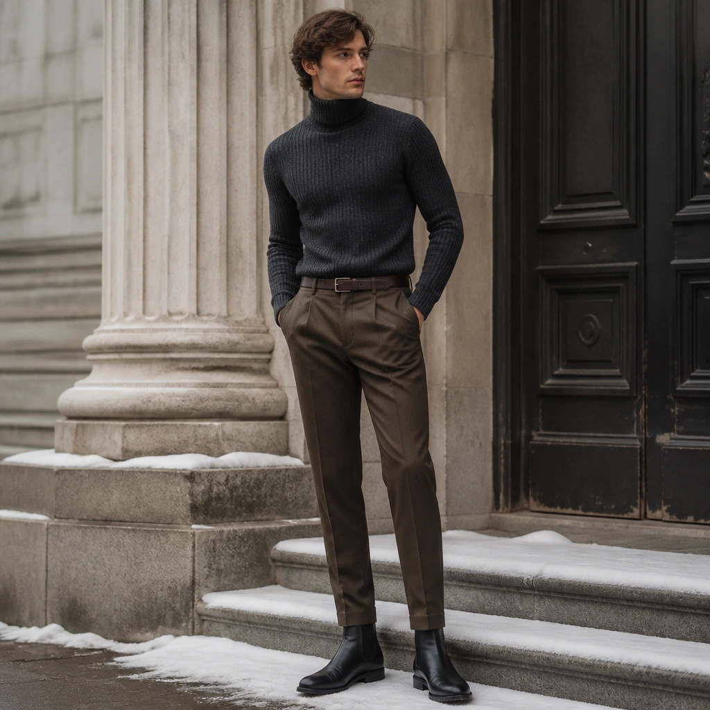 A charcoal ribbed turtleneck tucked into brown tapered trousers with a belt, styled with black Chelsea boots; the photo shows a clean, winter-ready silhouette.