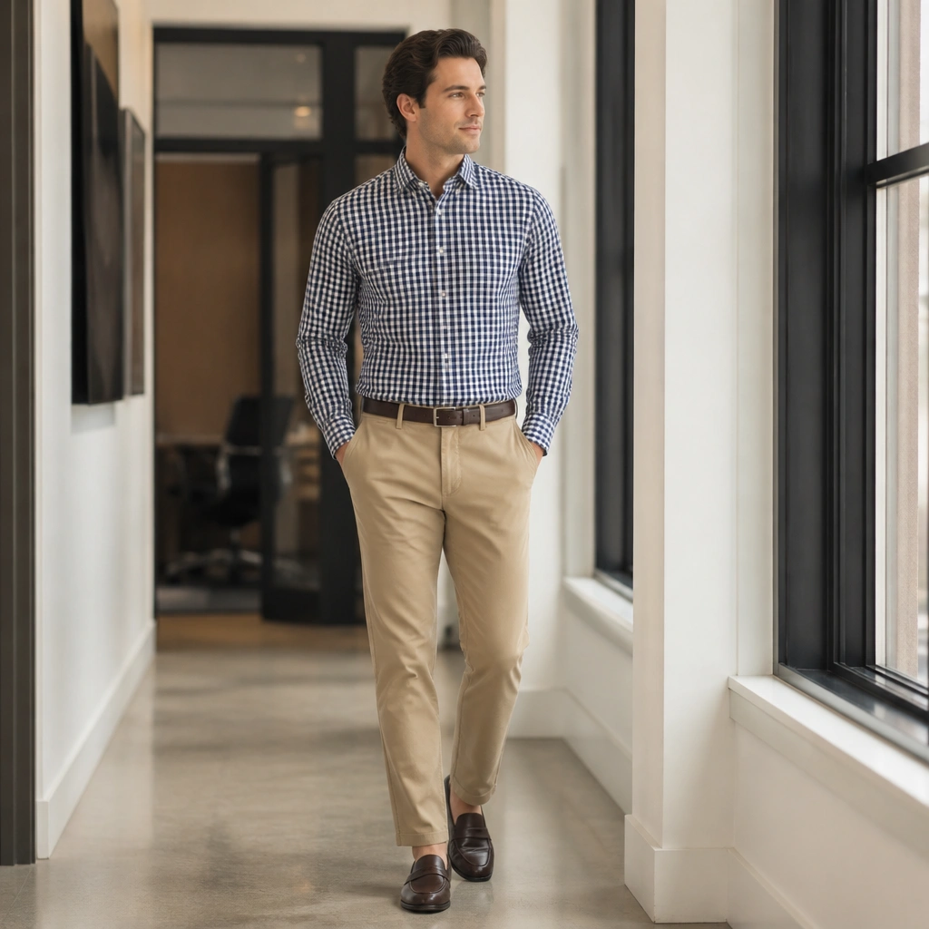 A navy-and-white gingham button-up with sleeves neatly down, paired with tan trousers and dark leather loafers in a bright office hallway.
