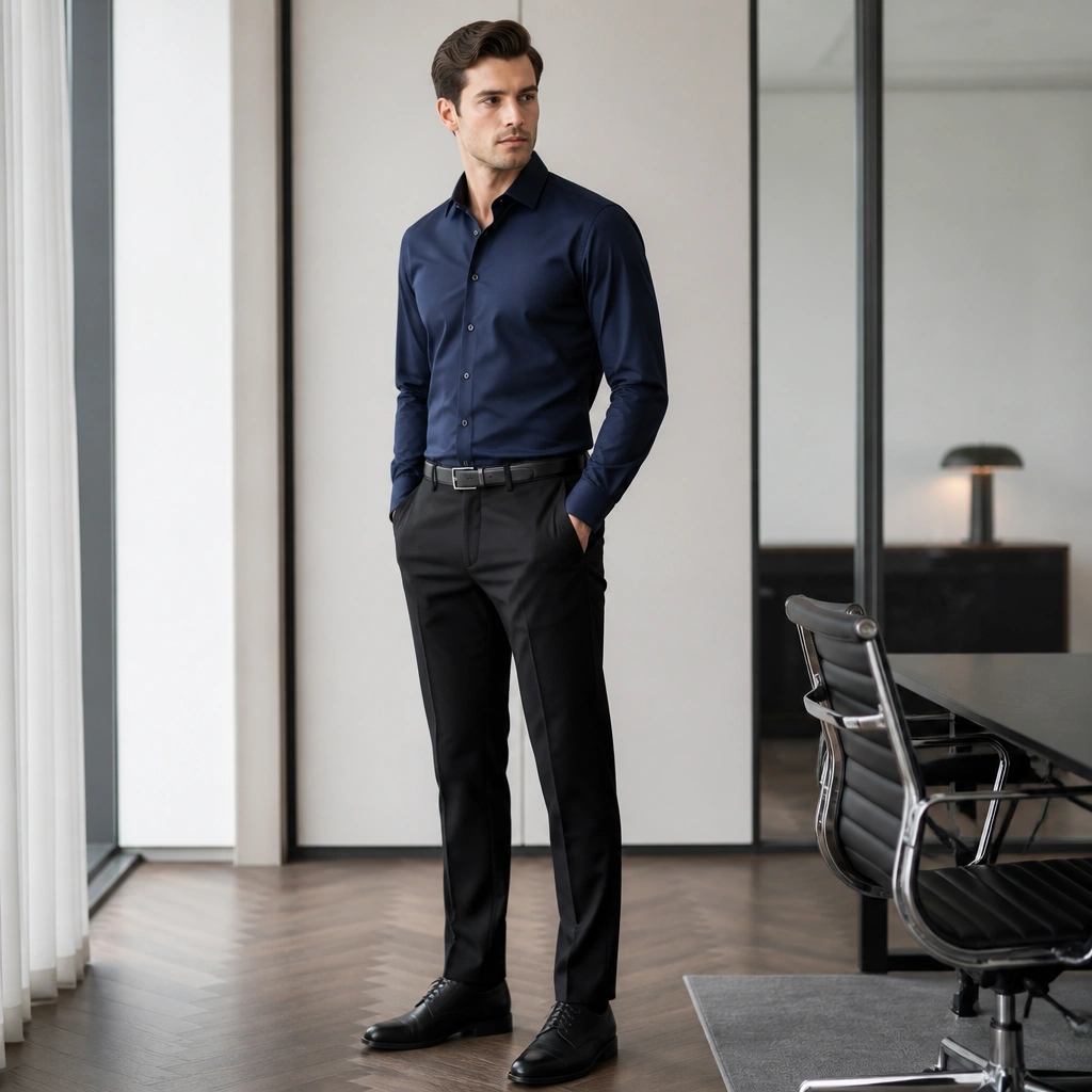 A deep navy dress shirt tucked into black trousers with a simple dark belt, paired with matte black derby shoes; the photo is styled like a formal office shoot.