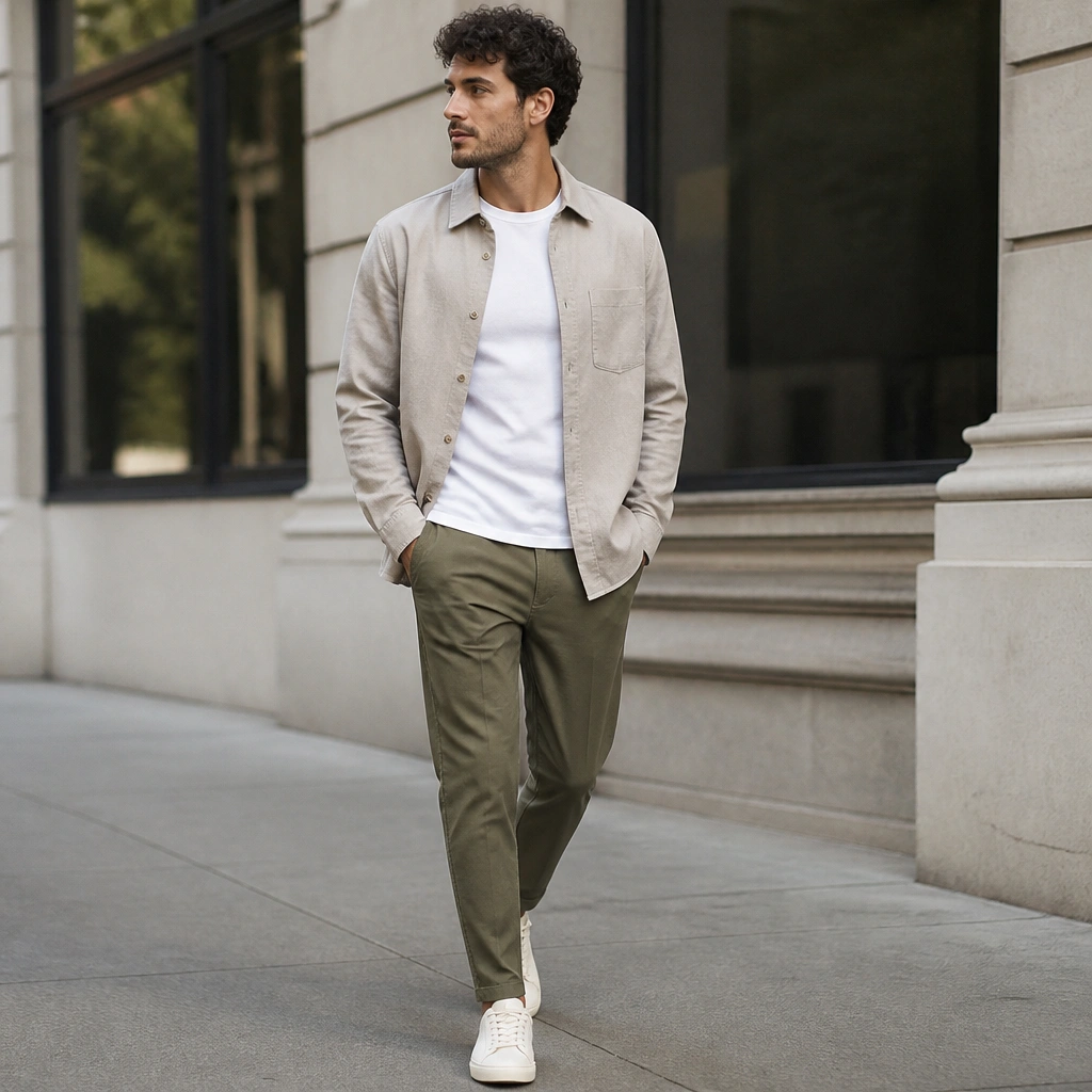 A stone-colored overshirt worn open over a white crew tee, paired with olive tapered pants and minimal sneakers, photographed on a city sidewalk.