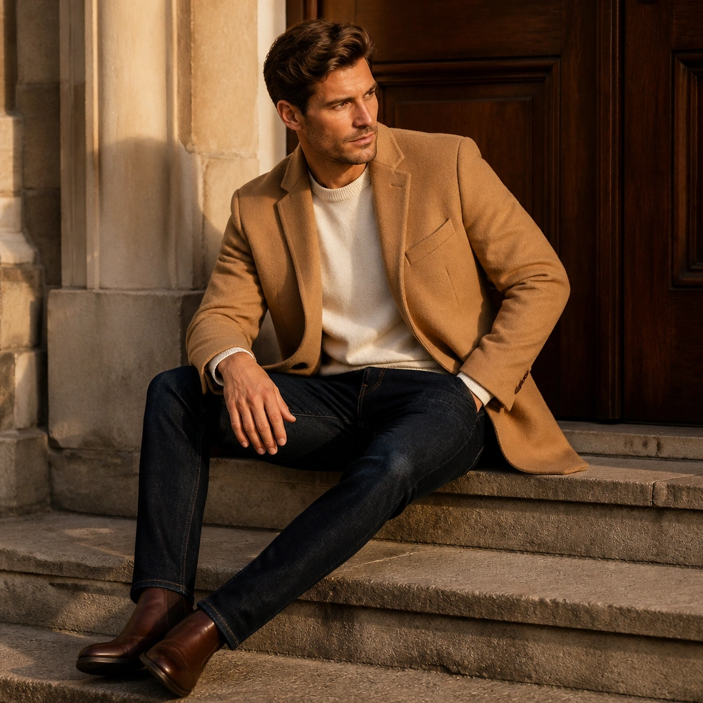 A camel sports coat over a cream crew sweater with dark wash jeans and brown leather boots; warm lighting highlights the coat texture.