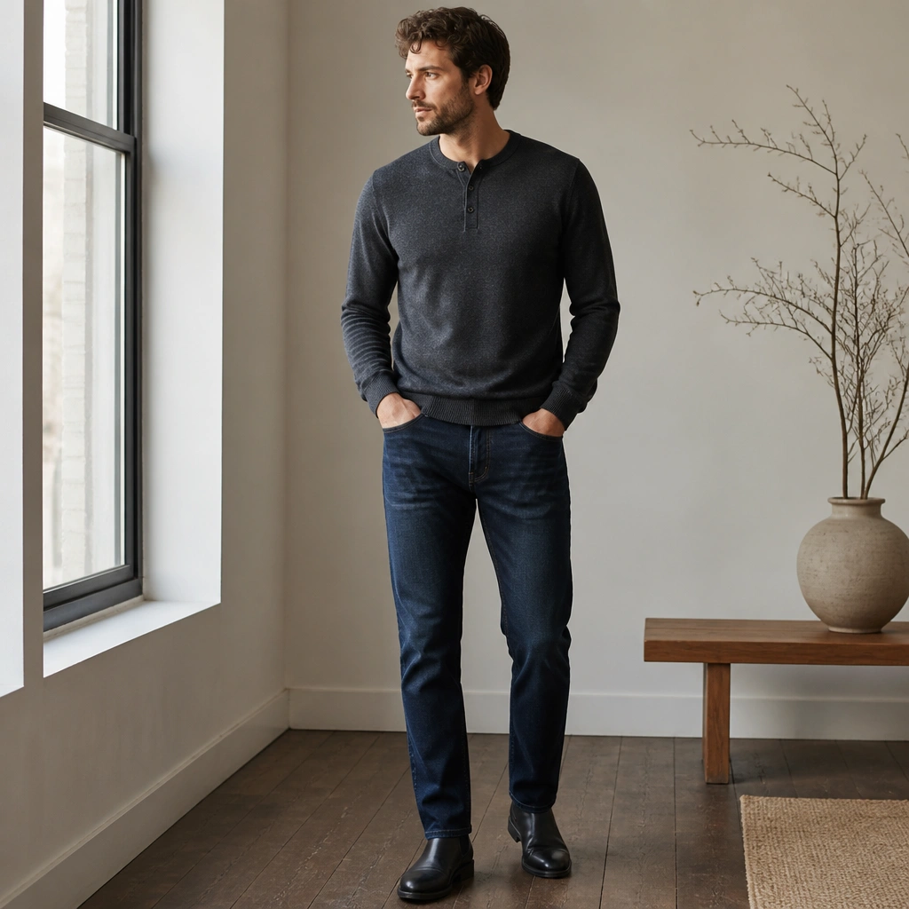 A man in a charcoal knit henley with a three-button placket, dark wash straight-leg jeans, and black Chelsea boots. The outfit looks tidy with a slightly relaxed fit and no flashy accessories.