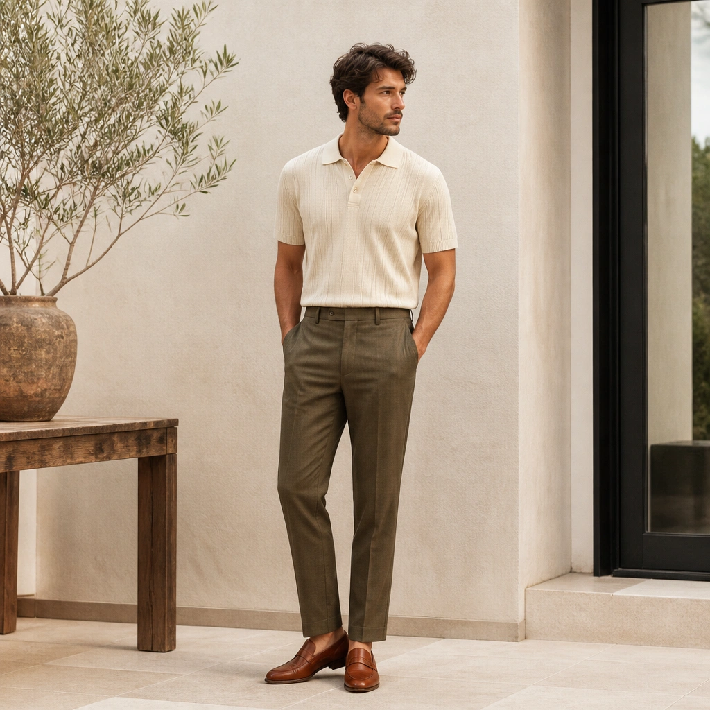 A man wearing a cream knit polo tucked into olive trousers with a subtle texture. He’s holding a relaxed posture and wearing cognac-brown loafers with a clean finish.