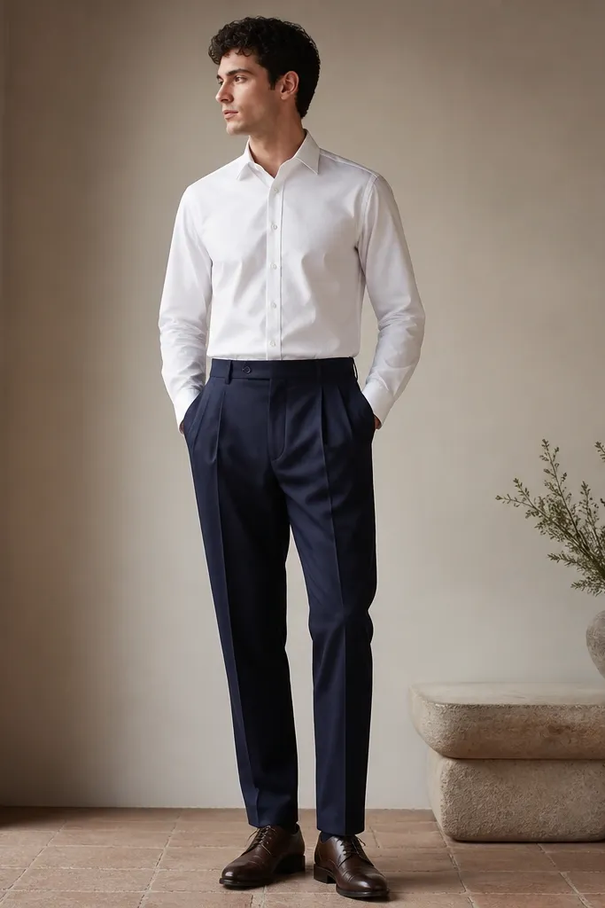 A man in a crisp white poplin button-up tucked into navy pleated-front trousers, wearing brown lace-up derbies. The shirt collar sits flat and the pleats create a structured silhouette.