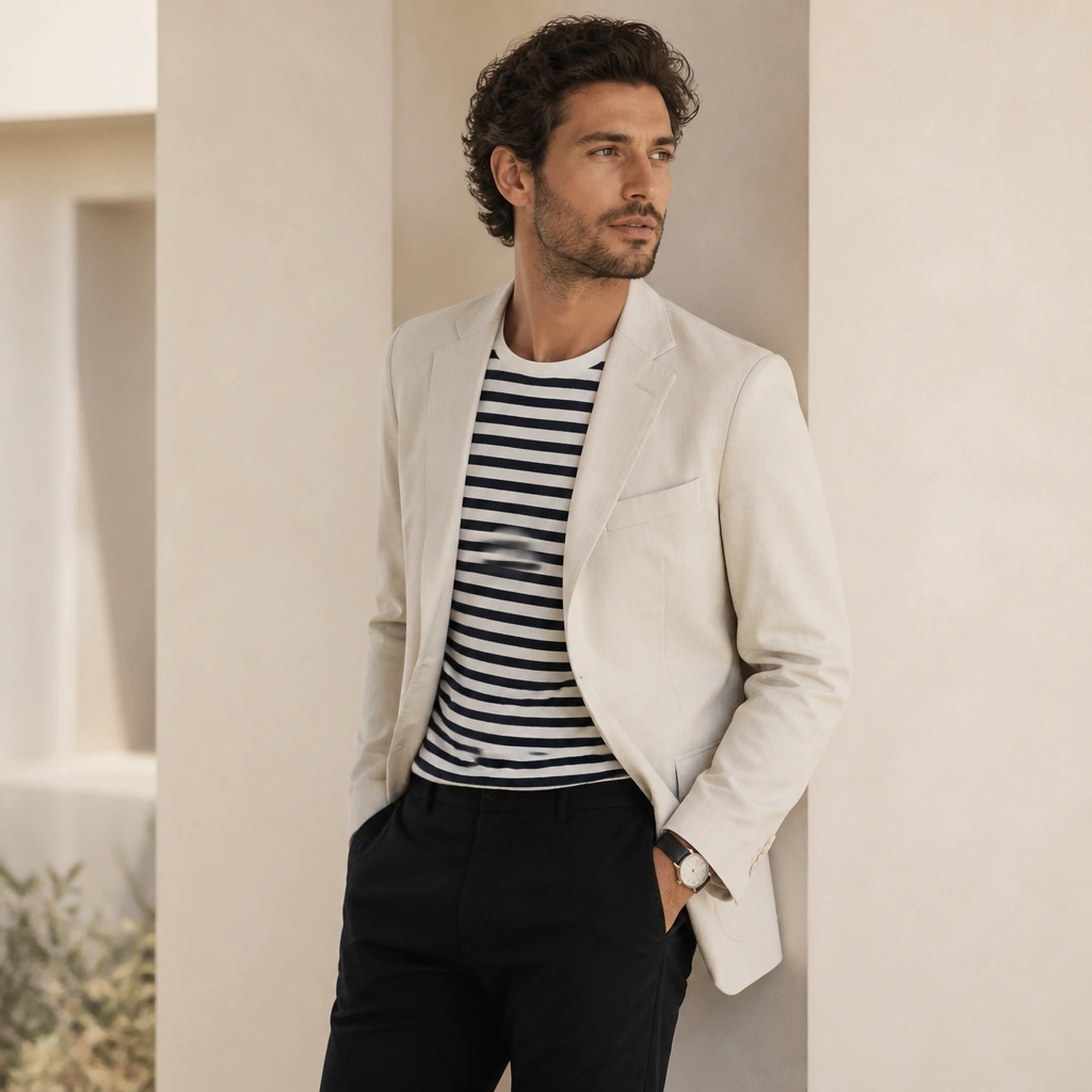 A man layering a navy-and-white striped tee under a light blazer, paired with black chinos. A simple wristwatch is visible, and the outfit has a smart, airy vibe.