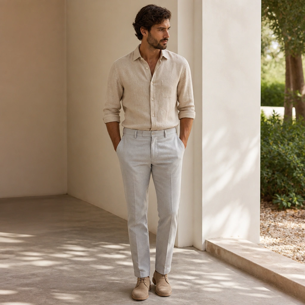 A man wearing a beige linen-blend button-up with sleeves rolled, tucked into light gray trousers. He’s wearing tan suede desert boots, and the outfit looks breathable and relaxed.