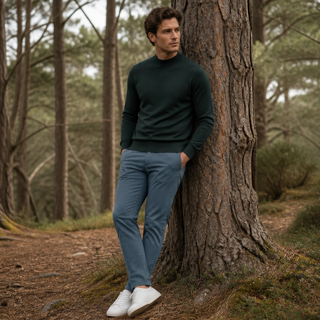 A man in a forest green mock neck sweater paired with medium wash chinos and white leather sneakers. The outfit is neat at the neckline and has a clean, modern contrast.