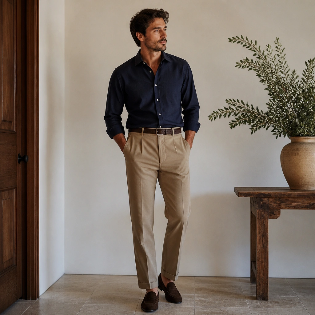 A man in a navy button-down tucked into tan twill trousers, wearing dark brown loafers. The twill texture is visible, and the outfit feels classic and grounded.