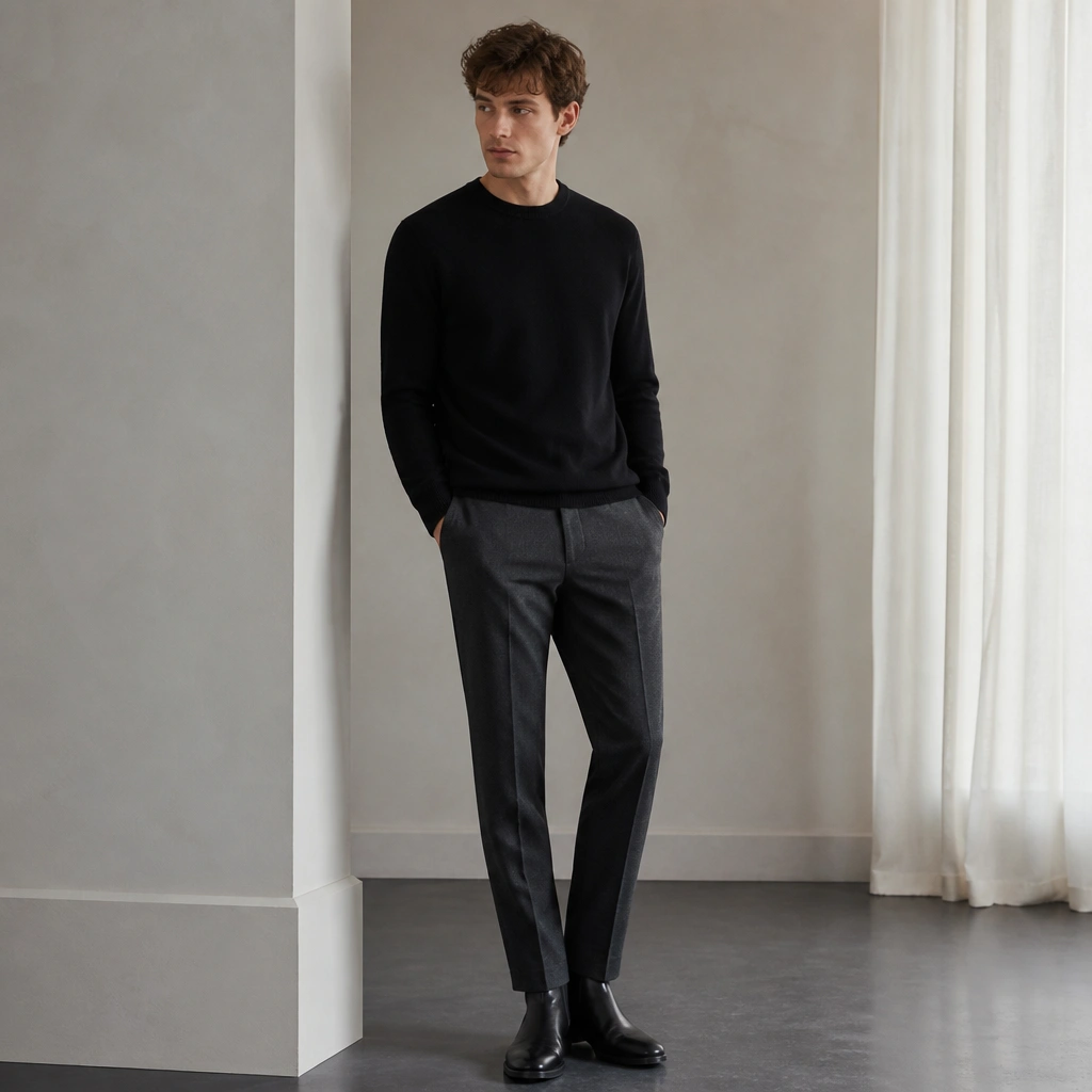 A man wearing a black crewneck sweater with gray wool-blend trousers and black ankle boots. The outfit looks sleek with minimal contrast and clean hems.