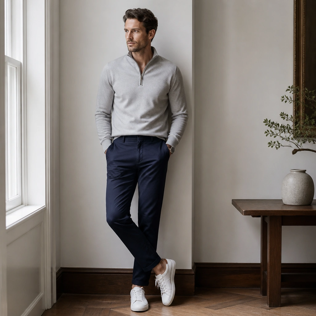A man in a light gray quarter-zip with navy chinos and crisp white sneakers. The zipper is pulled to mid-chest and the outfit looks neat with a tucked or semi-tucked hem.