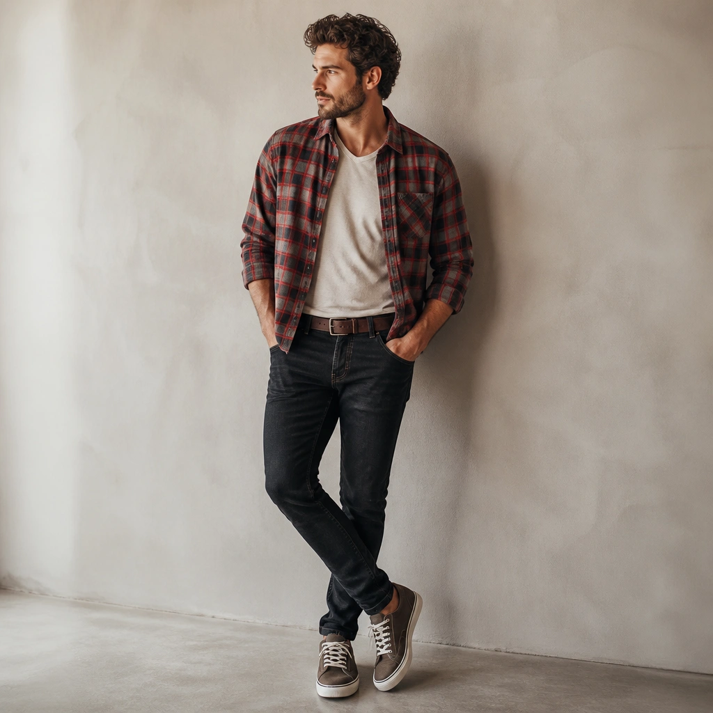 A man wearing a red-and-gray plaid flannel button-up worn over a simple tee, paired with dark slim jeans and a brown belt. He’s wearing casual sneakers, with the flannel unbuttoned at the top.