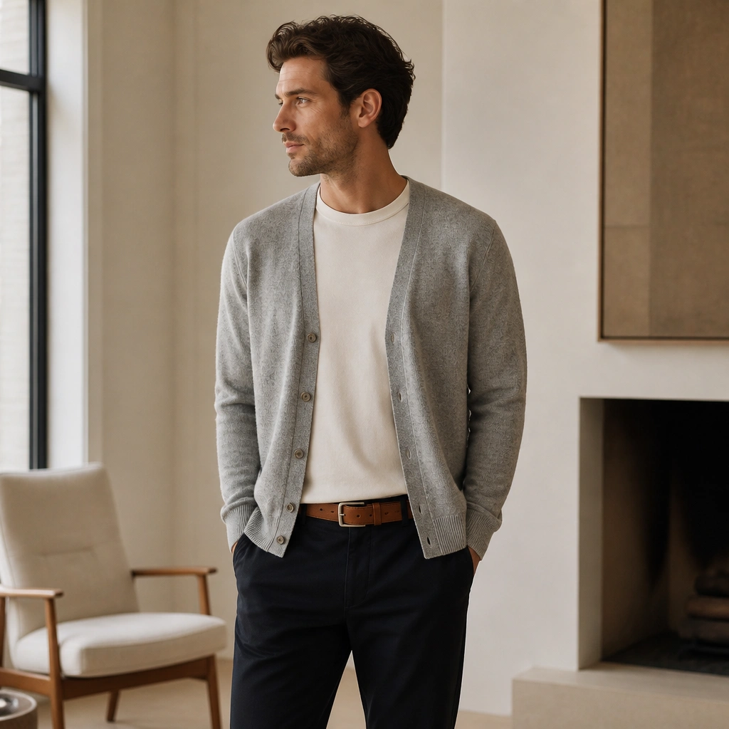 A light heather gray cardigan over a cream crewneck tee, paired with matte black chinos and tan leather belt; minimal accessories, with the cardigan hem falling just below the belt line.