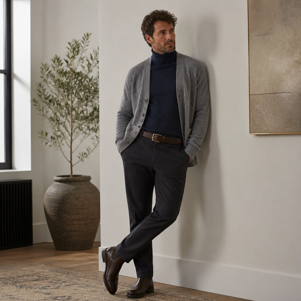 A medium gray cardigan worn open over a navy turtleneck, styled with dark brown leather ankle boots and a structured belt; the turtleneck collar peeks out clearly.
