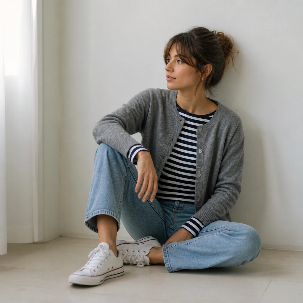A gray cardigan layered over a navy-and-white striped Breton shirt, with light-wash blue jeans and white canvas sneakers; stripes are visible at the neckline and cuffs.