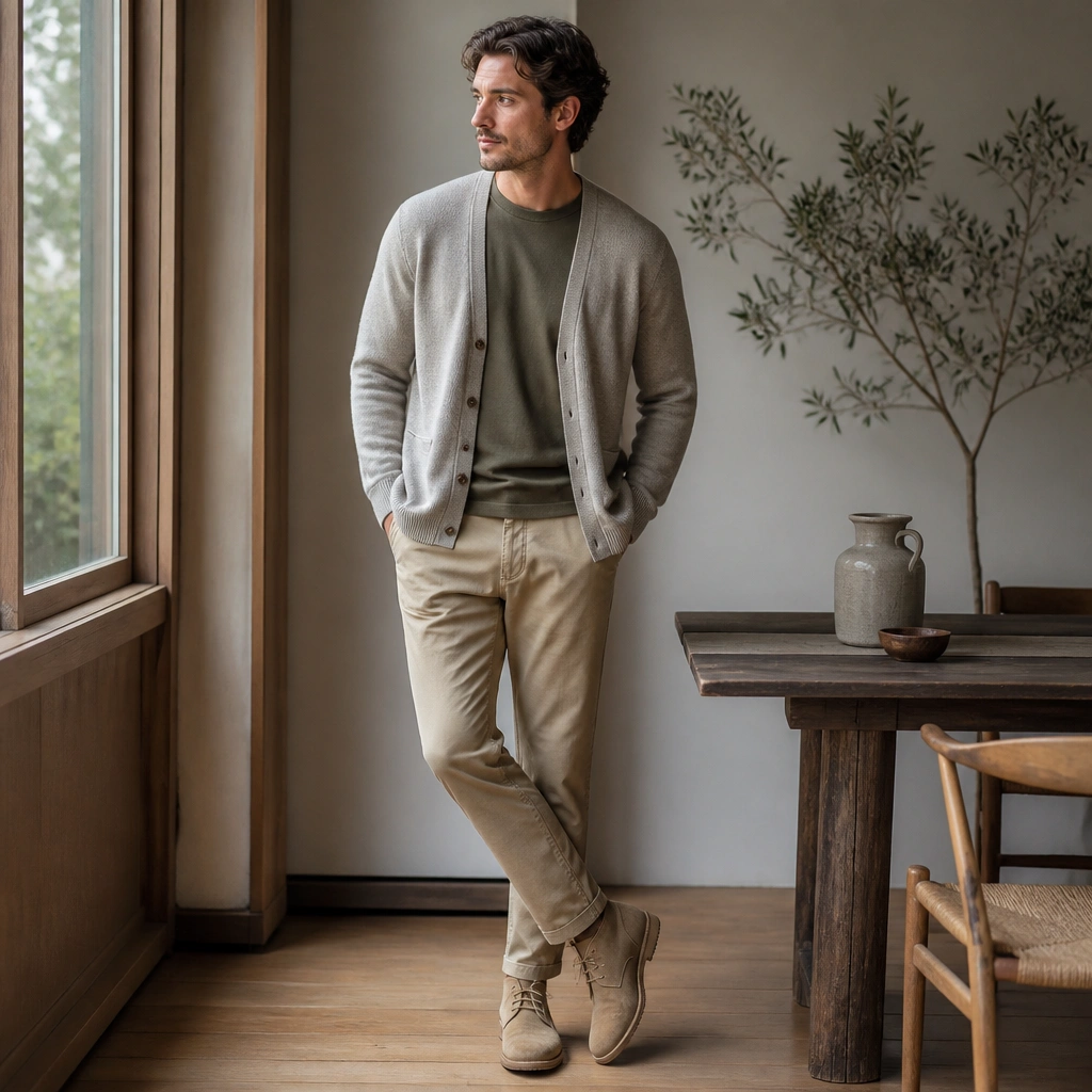 An oatmeal-gray cardigan over a muted olive t-shirt, paired with khaki chinos and suede desert boots; the cardigan looks softly draped with sleeves falling naturally.