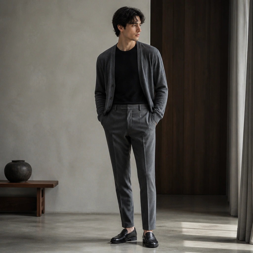A steel gray cardigan worn open over a black crew t-shirt, styled with tapered gray trousers and black leather loafers; the outfit has a monochrome feel with slight fabric differences.