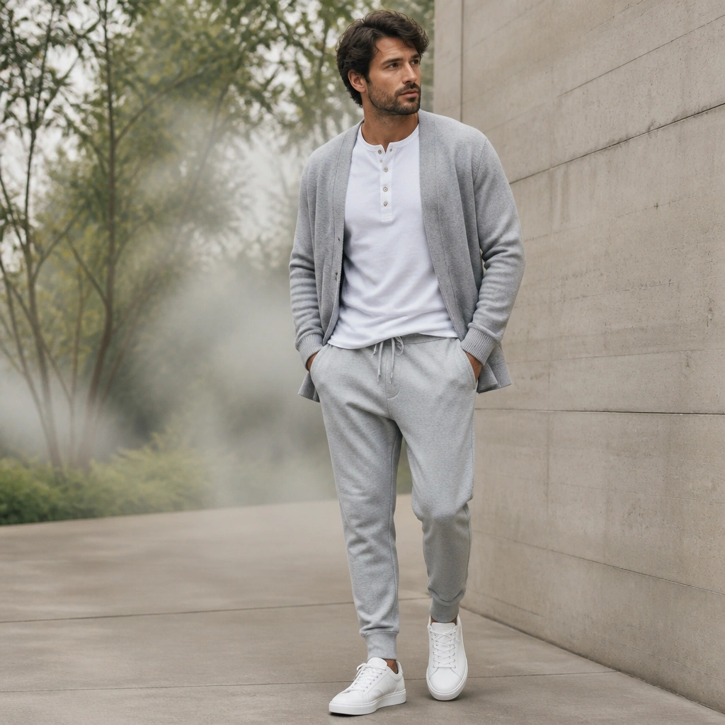 A misty gray cardigan over a white henley shirt with visible buttons, paired with light gray joggers and white sneakers; relaxed posture, casual street-style styling.
