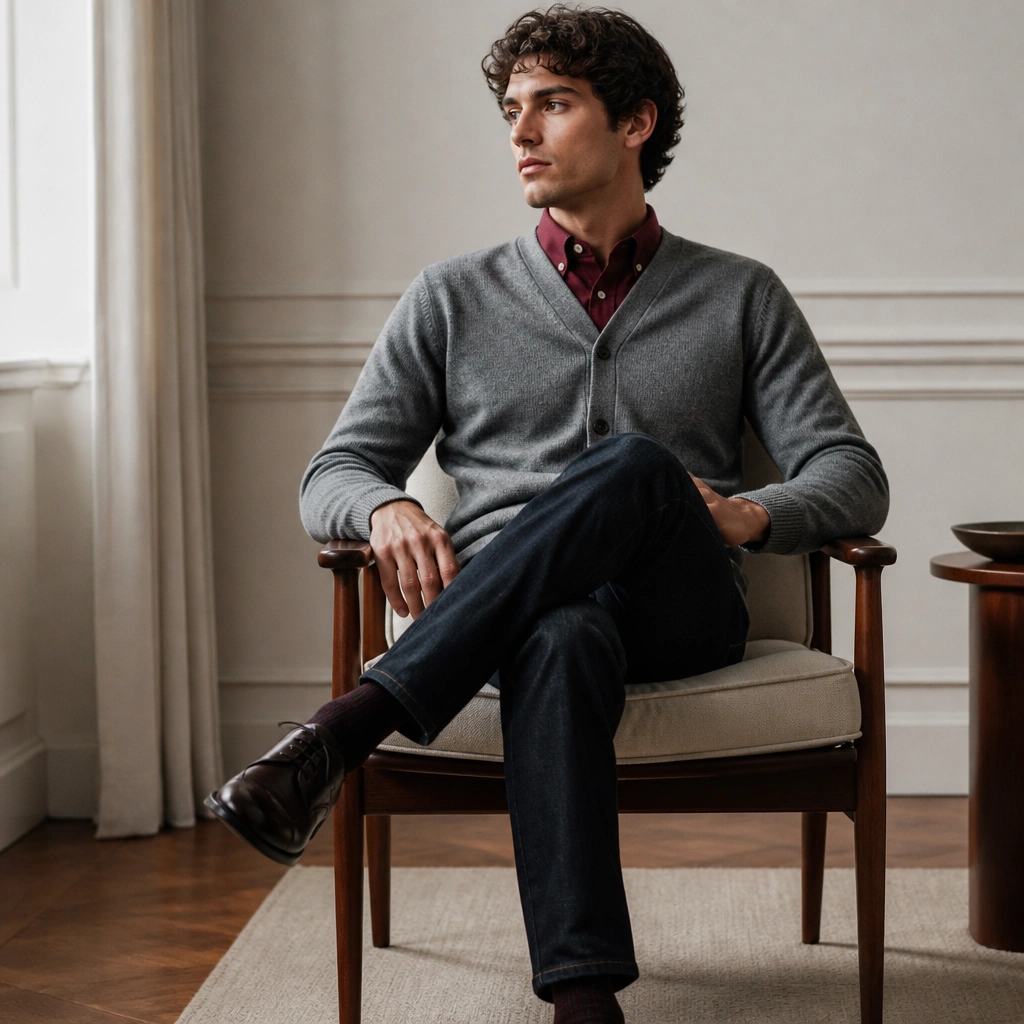 An ash gray cardigan buttoned at the top over a burgundy button-down Oxford, paired with dark wash jeans and dark brown derbies; the burgundy color pops at the neckline.