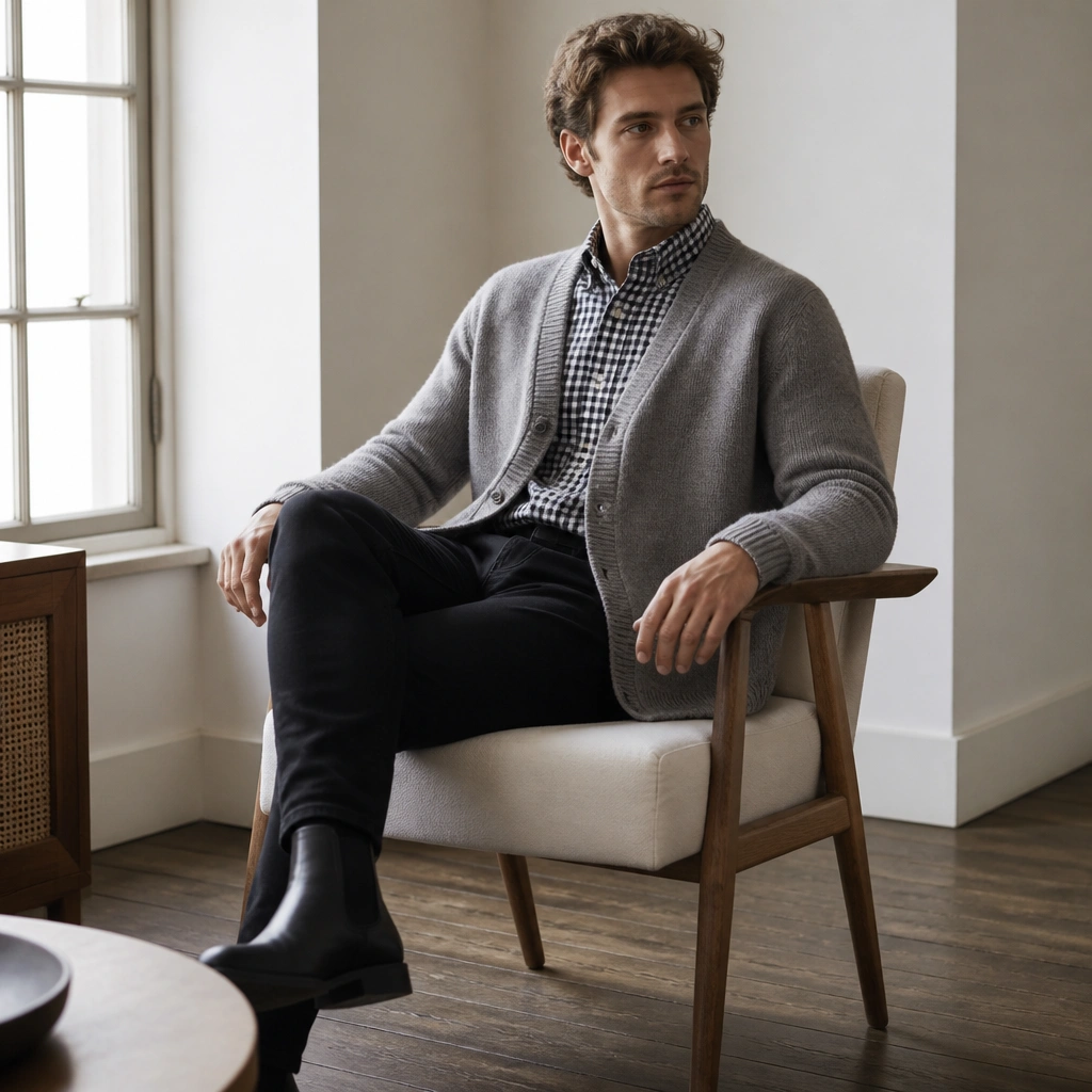 A heather gray cardigan worn over a black-and-white check button-up, paired with black jeans and black Chelsea boots; the check pattern is visible across the chest.