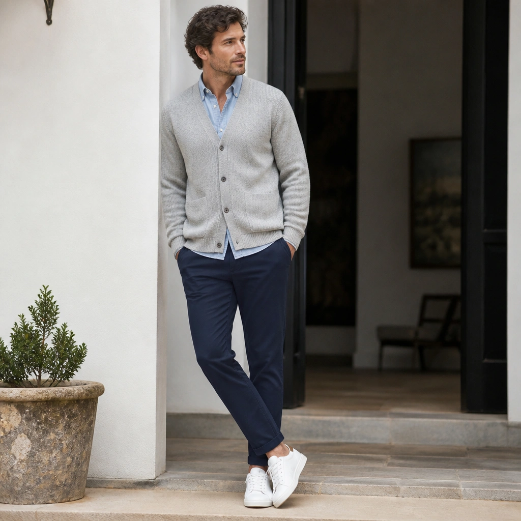 A light gray cardigan layered over a light blue chambray shirt with the collar peeking out, styled with navy chinos and white sneakers; the cardigan hem sits around the upper thigh.