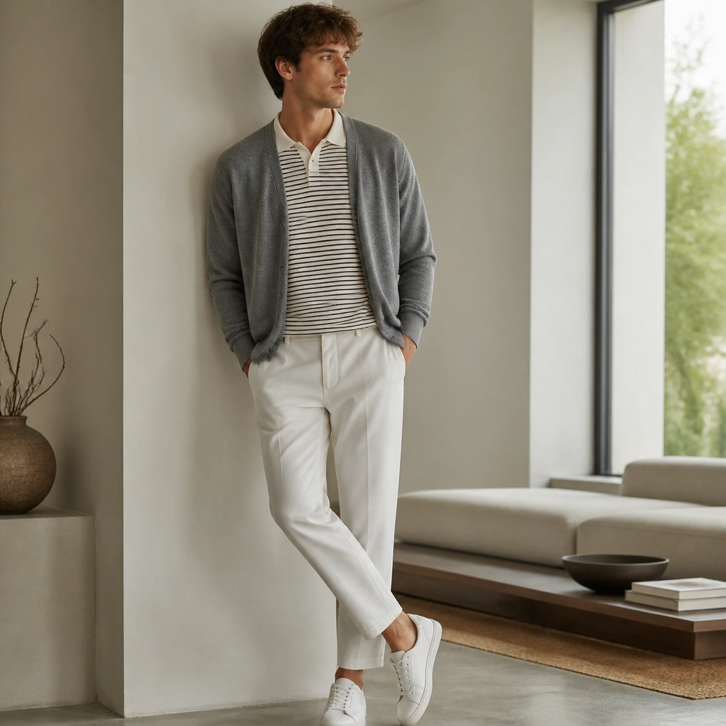 A true gray cardigan worn open over a striped knit polo, paired with white tapered pants and minimal white sneakers; the polo collar sits neatly under the cardigan.